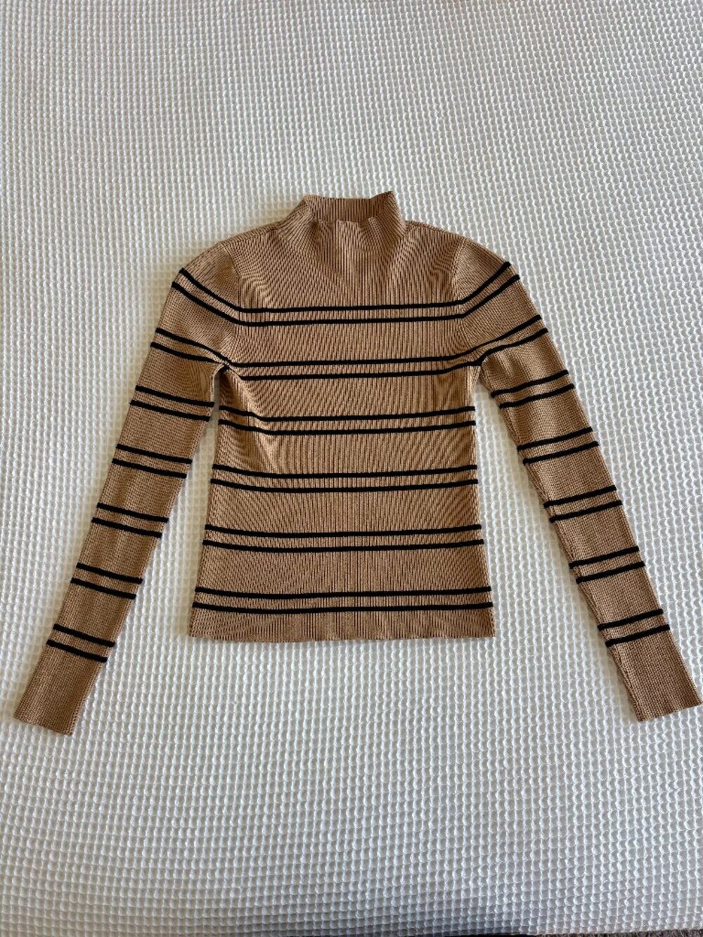 Laundry By Shelli Segal Tan and Black Striped Ribbed Mock Neck Long Sleeve, XS